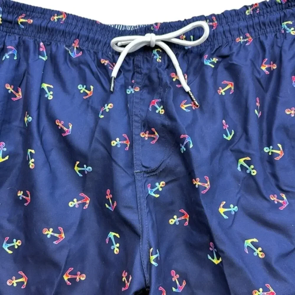 New Men's Spicy Tuna Navy Blue Colorful Anchors Design Swim Shorts Trunks Size L
